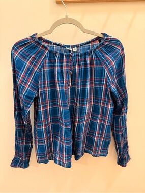 GAP Blue Plaid Peasant Blouse with Red and White Accents